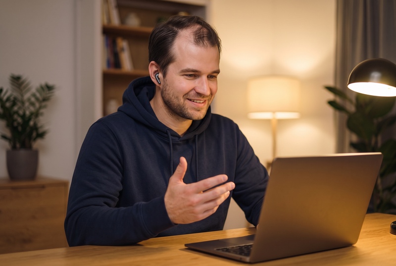Mann mit Haarausfall im Video-Beratungsgespräch am Laptop