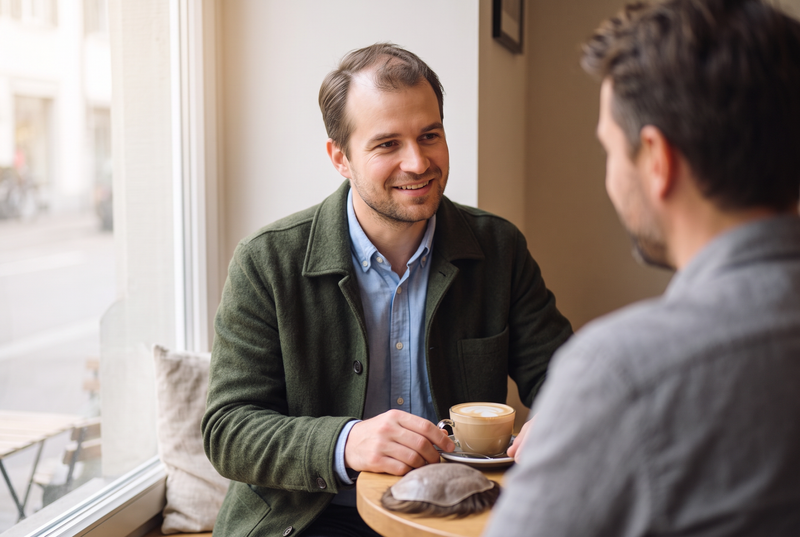 Beratung bei einem Kaffee, ein Haarsystem liegt auf dem Tisch