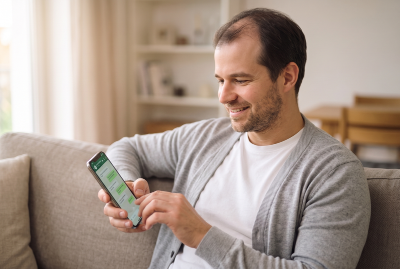 Mann schreibt auf dem Sofa eine Chat-Nachricht