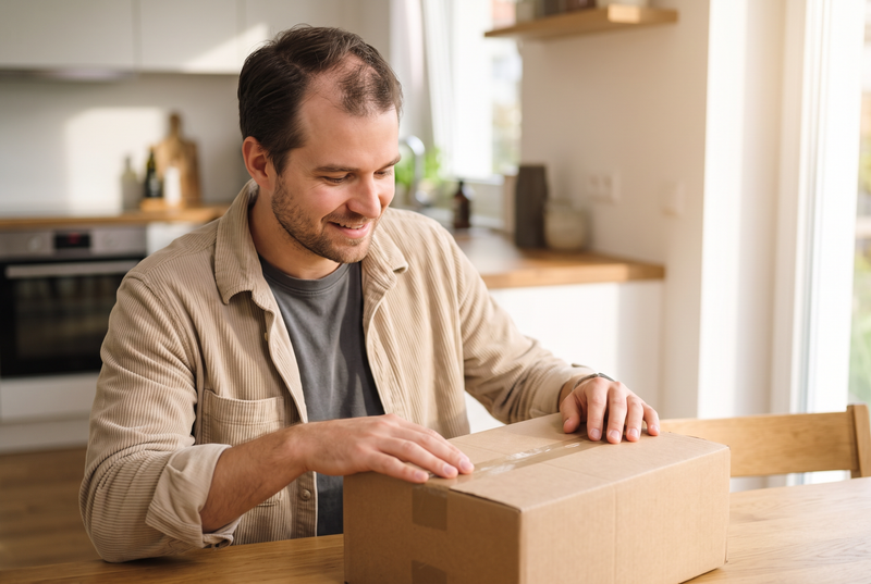 Mann mit beginnendem Haarausfall öffnet sein Paket mit dem Haarsystem