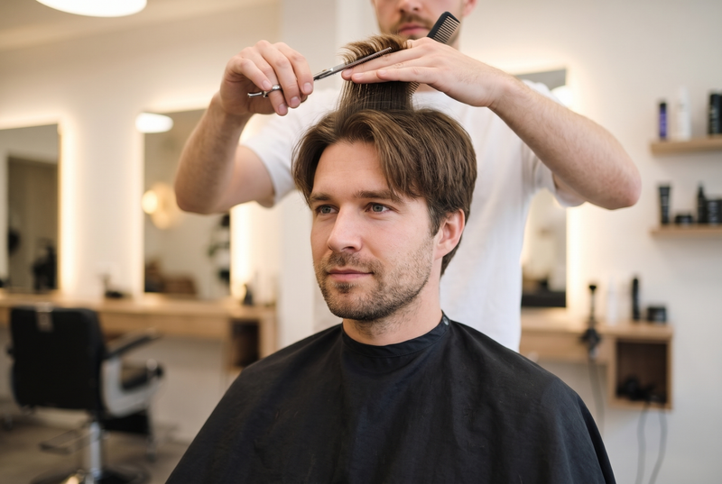Coiffeur schneidet das frisch angebrachte, noch lange Haarsystem zu